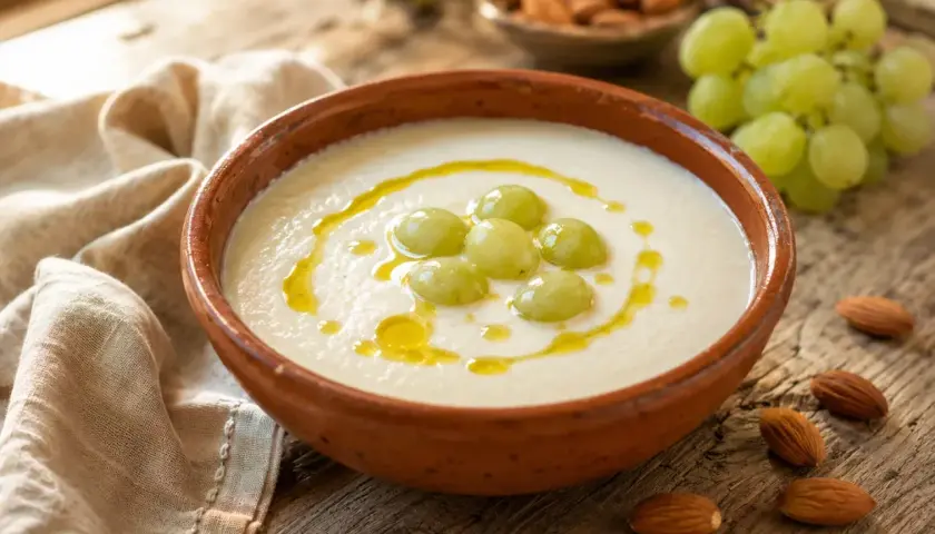 Un refrescante ajo blanco adornado con uvas verdes y un hilo de aceite de oliva, acompañado de almendras.