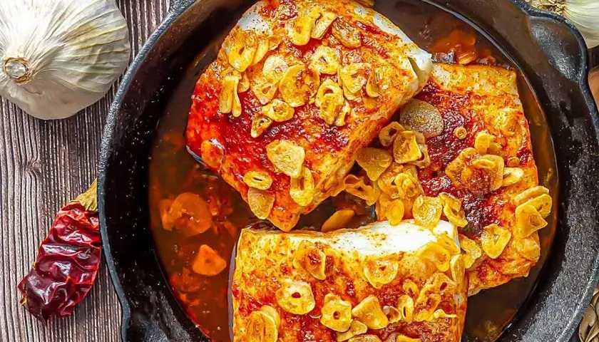 Bacalao ajoarriero en cazuela de hierro fundido, con ajos laminados dorados y guindillas secas.