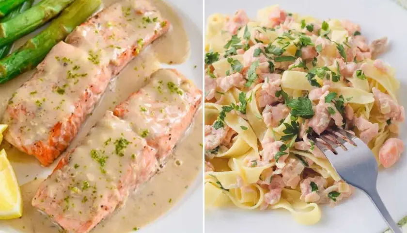 Dos deliciosas recetas con salmón: filetes con salsa cremosa y espárragos, y pasta con trozos de salmón fresco.