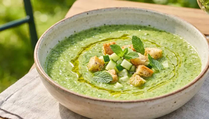 Gazpacho de calabacín refrescante, adornado con cubitos de pepino, picatostes crujientes y hojas de menta.