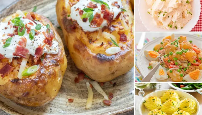 Variedad de recetas con patatas: patatas asadas rellenas, ensalada de patatas y huevos, y duquesas de patata.