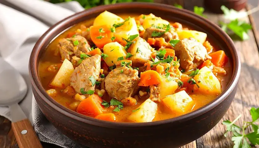 Un reconfortante tazón de patatas guisadas con trozos de carne tierna, zanahorias y perejil fresco.