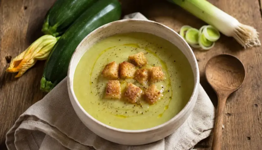 Crema de calabacín servida en un cuenco blanco, adornada con picatostes crujientes y un chorrito de aceite de oliva. Al lado, calabacines frescos y un puerro.