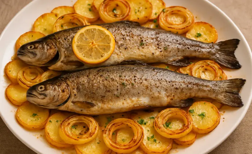 Trucha al horno jugosa con patatas - tiempos y trucos