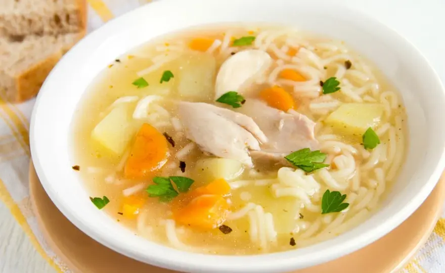 Sopa de pollo casera con fideos, sabrosa y fácil de preparar