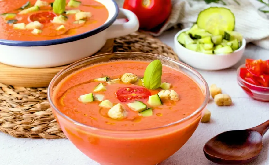 Gazpacho andaluz tradicional con textura fina y sabor equilibrado