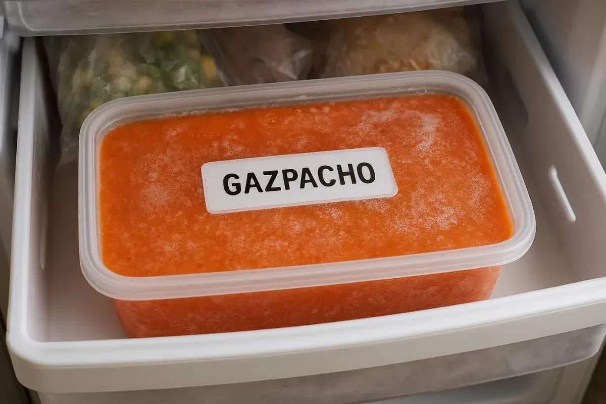 Recipiente con gazpacho congelado en el congelador. ¡Así se puede congelar el gazpacho para disfrutarlo más tarde!