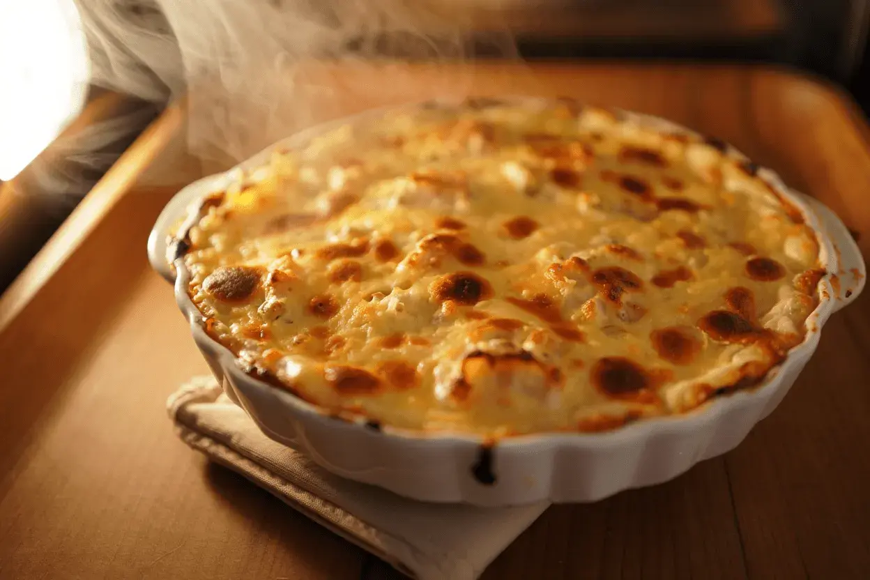Delicioso bacalao gratinado con alioli, humeante y dorado, listo para servir.