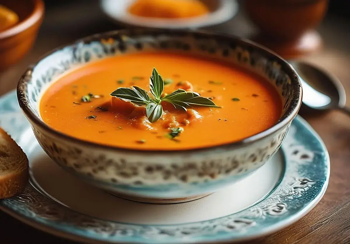 Un cuenco de salmorejo cremoso, decorado con una ramita de albahaca, junto a una rebanada de pan tostado.