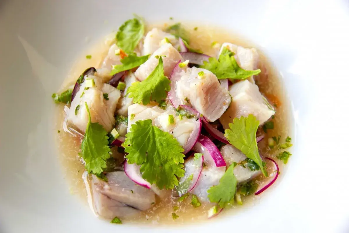 Delicioso ceviche de bonito, con trozos de pescado fresco, cebolla morada, cilantro y un toque cítrico.
