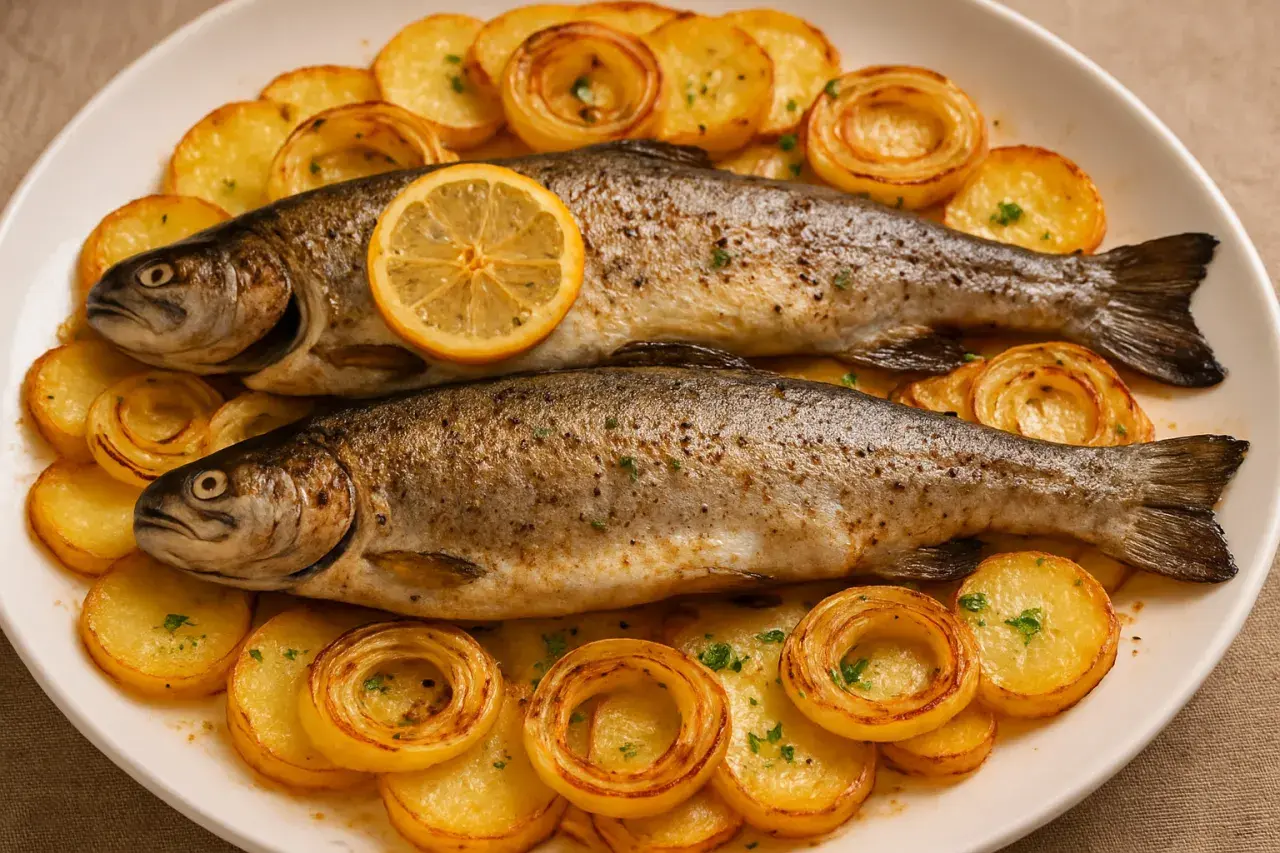 Dos truchas al horno servidas con patatas asadas y rodajas de limón. Un plato principal delicioso y saludable.