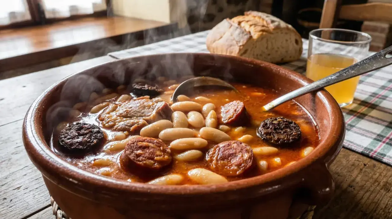 Un humeante plato de fabada asturiana, con sus tiernas fabes, chorizo y morcilla, acompañado de pan y sidra.