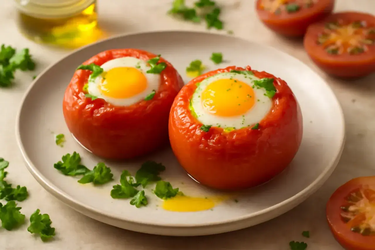 Dos tomates al horno con un huevo dentro, decorados con perejil fresco. Un desayuno saludable y delicioso.