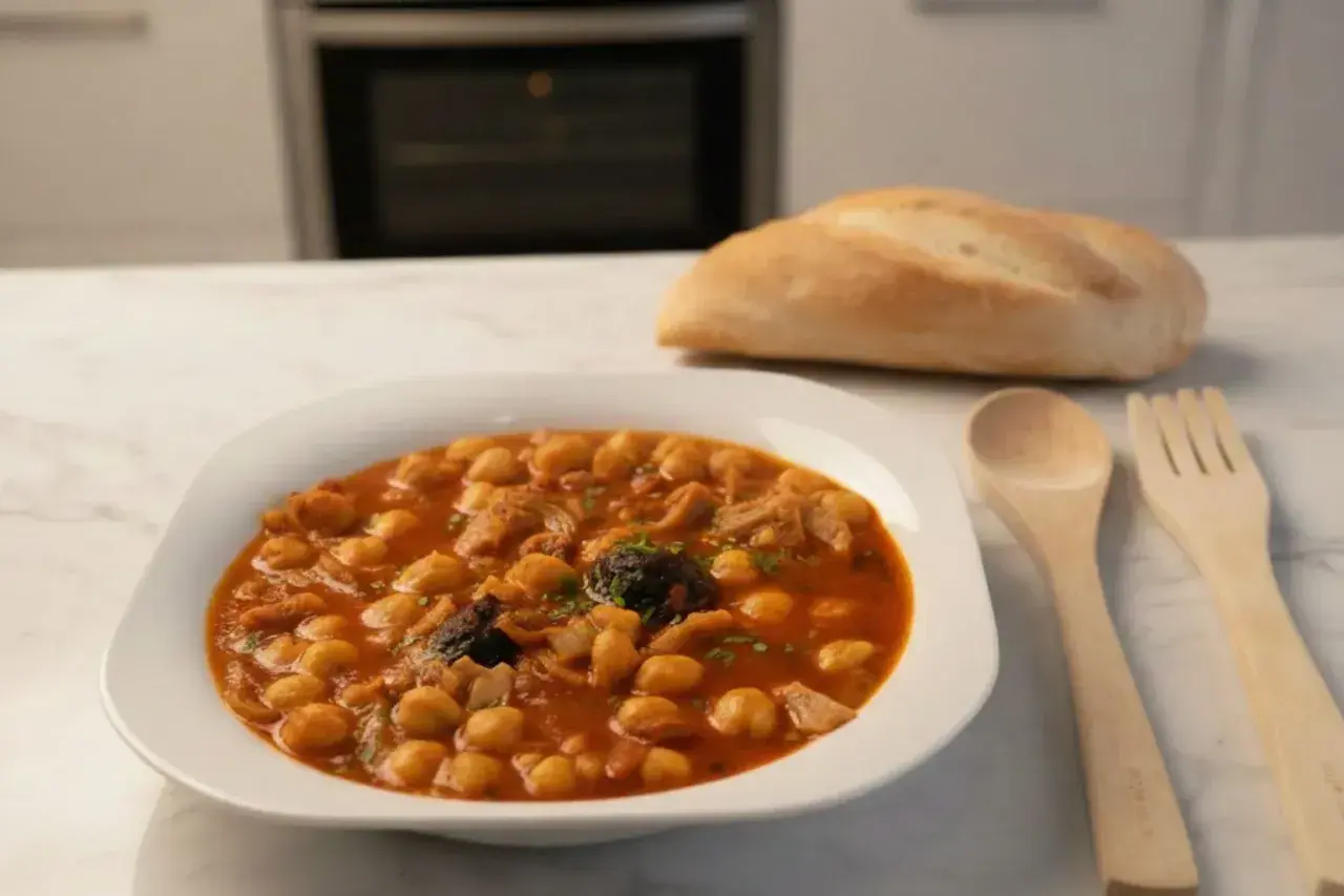 Plato de callos con garbanzos, servido en un cuenco blanco, acompañado de pan y cubiertos de madera.