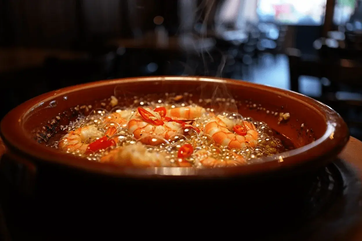 Gambas al ajillo receta: jugosas gambas cocinándose en aceite burbujeante con ajo y guindilla.