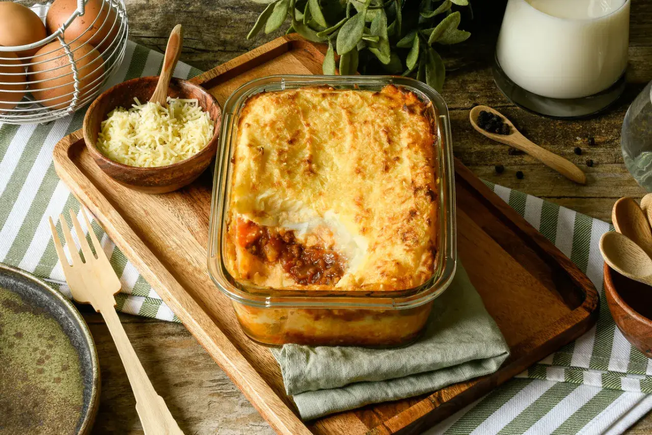 Pastel de carne picada recién horneado, con una capa dorada de puré de patatas y queso gratinado. Se sirve en una fuente de cristal sobre una tabla de madera.