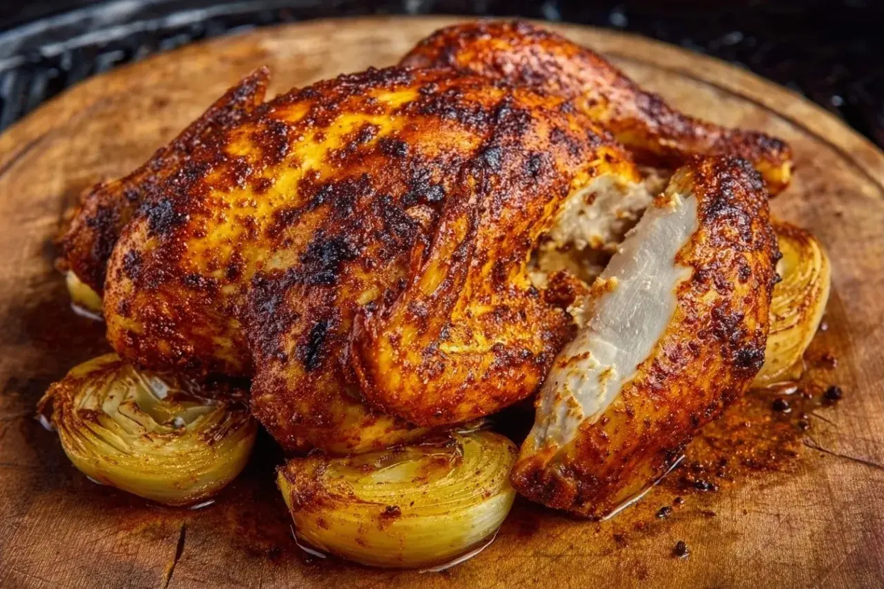Pollo asado a baja temperatura, dorado y jugoso, servido con cebolla caramelizada sobre tabla de madera.