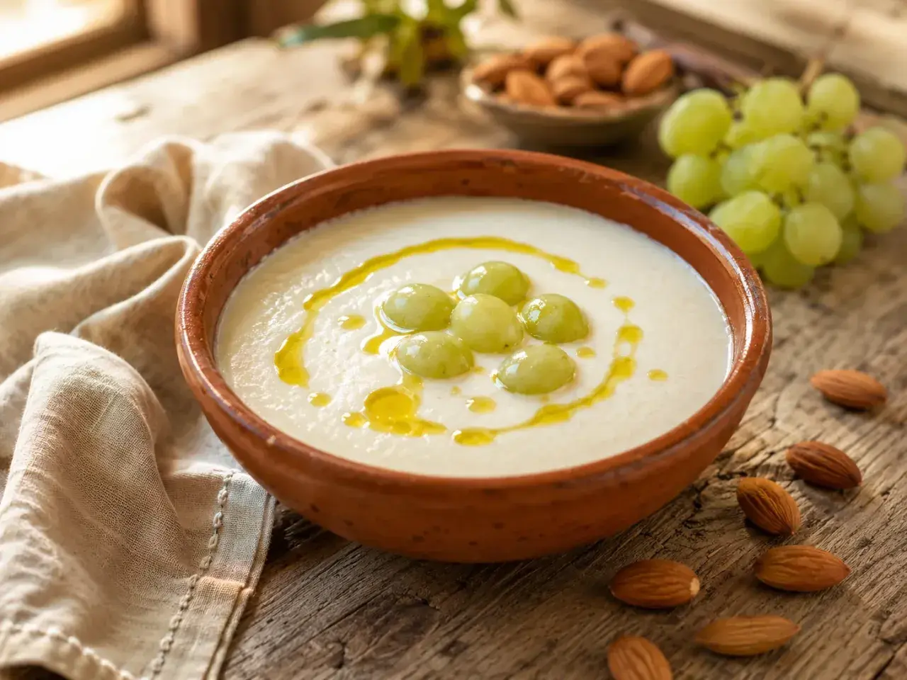 Un refrescante ajo blanco adornado con uvas verdes y un hilo de aceite de oliva, acompañado de almendras.