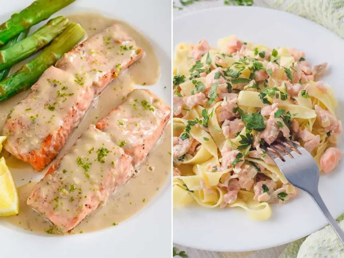 Dos deliciosas recetas con salmón: filetes con salsa cremosa y espárragos, y pasta con trozos de salmón fresco.