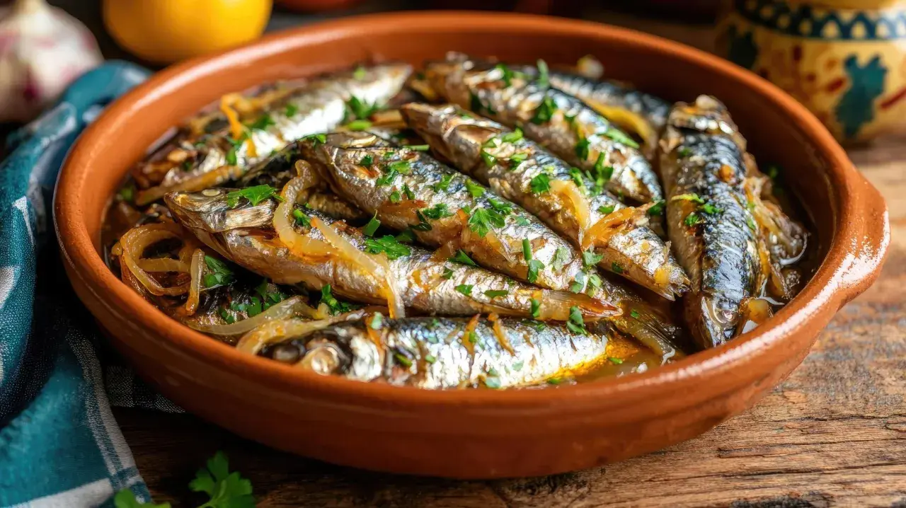 Sardinas en escabeche, un plato tradicional español, servido en una cazuela de barro con cebolla y perejil picado.