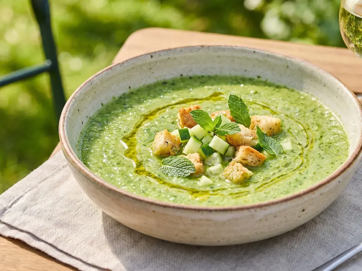 Gazpacho de calabacín refrescante, adornado con cubitos de pepino, picatostes crujientes y hojas de menta.