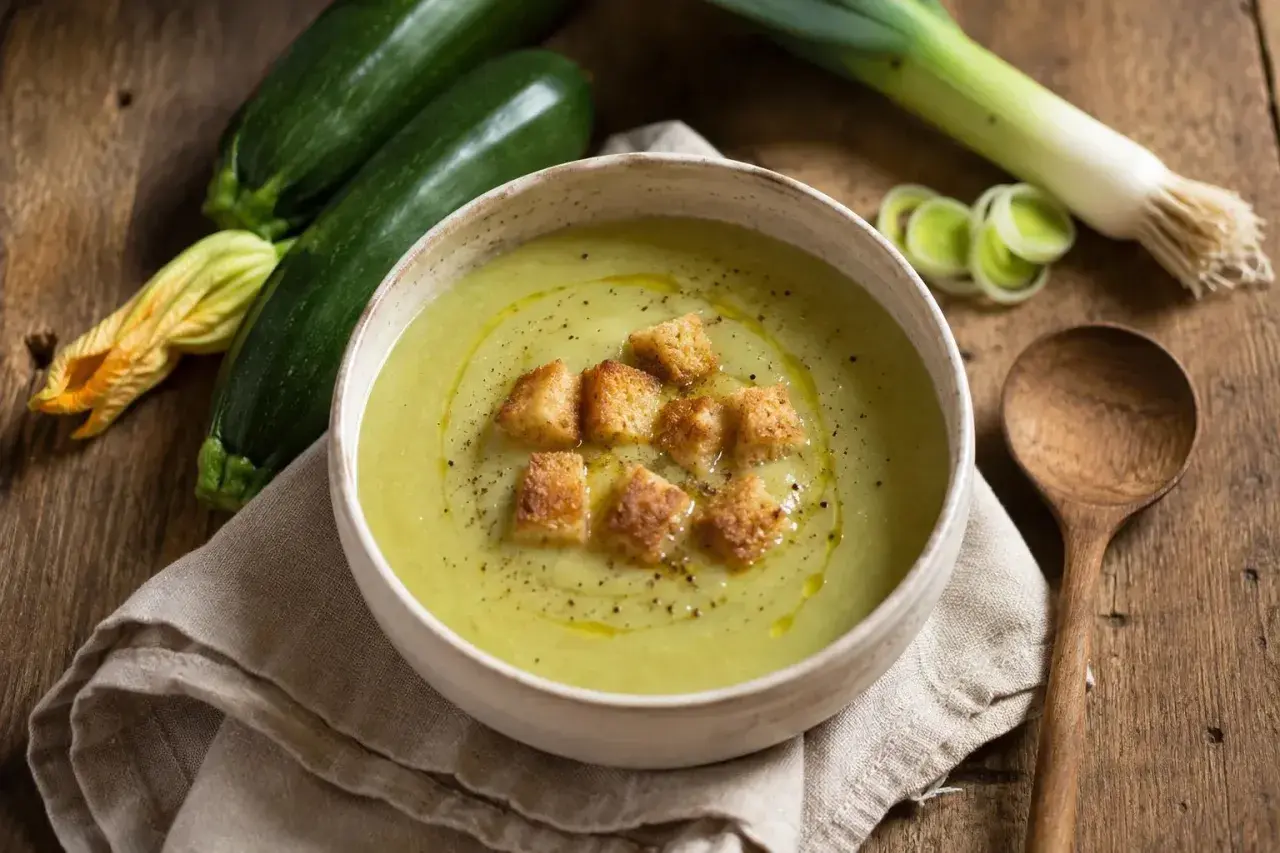 Crema de calabacín servida en un cuenco blanco, adornada con picatostes crujientes y un chorrito de aceite de oliva. Al lado, calabacines frescos y un puerro.