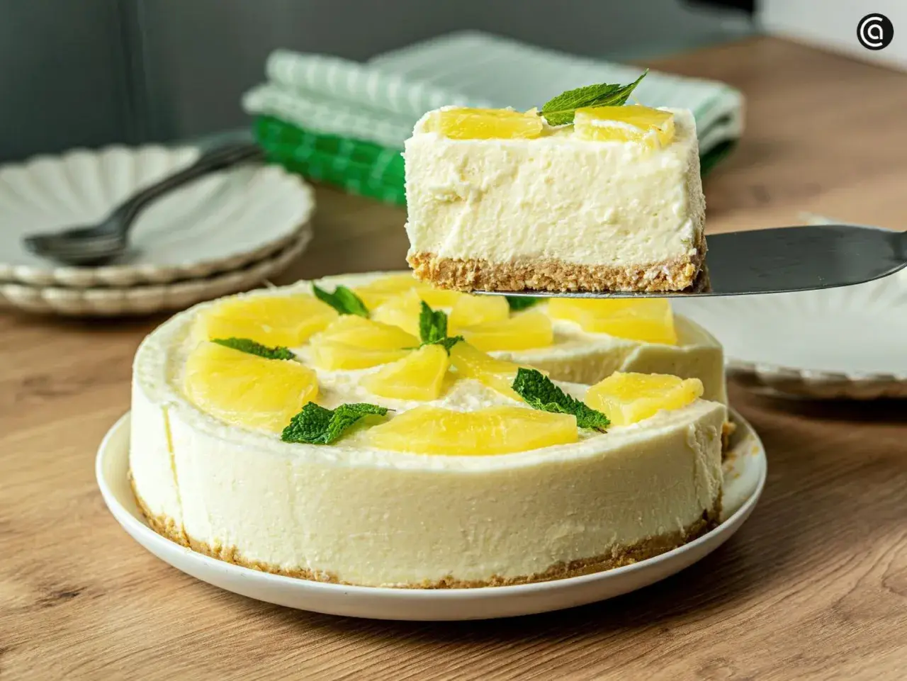 Una porción de tarta de piña sin horno, cremosa y decorada con piña y menta, se levanta de la tarta completa.