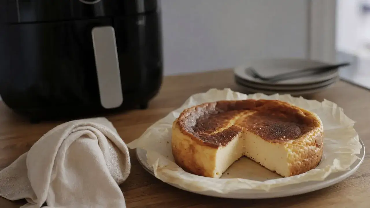 Tarta de queso en freidora de aire, dorada y cremosa, lista para disfrutar.