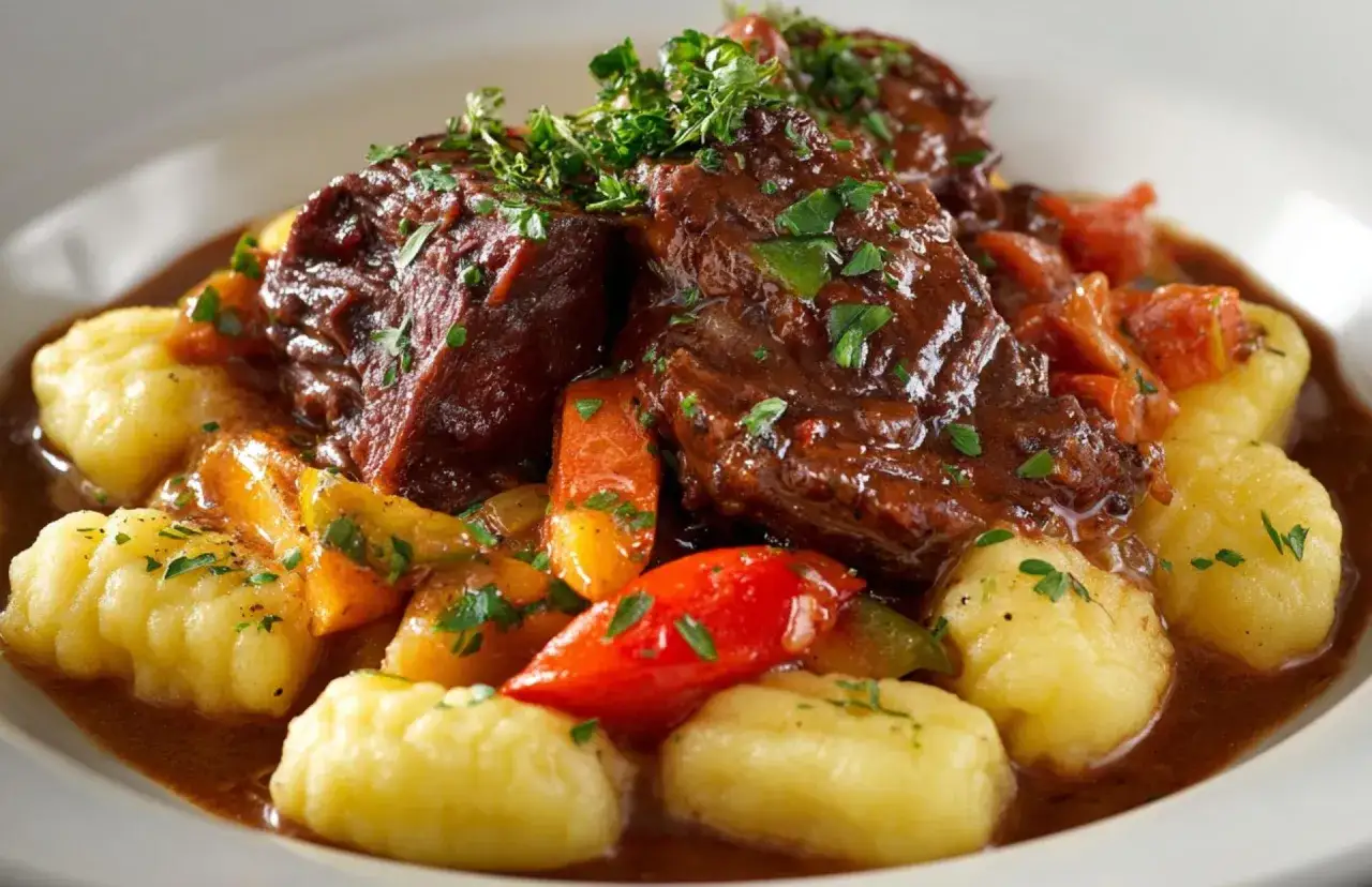 Estofado de ternera de la abuela, tierno y jugoso, servido con gnocchis caseros y verduras. Un plato reconfortante.