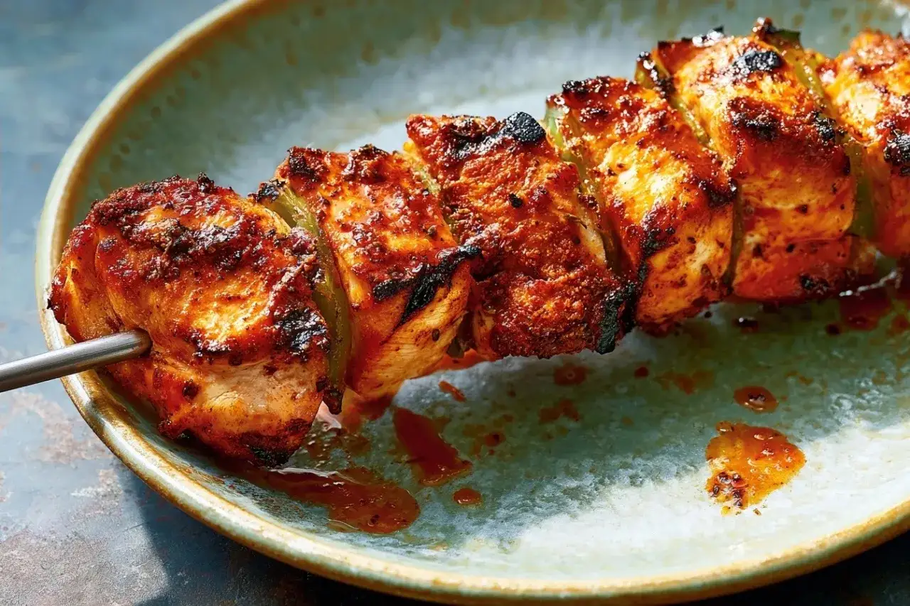 Brochetas de pollo jugosas y doradas, con un toque especiado, servidas en un plato rústico.