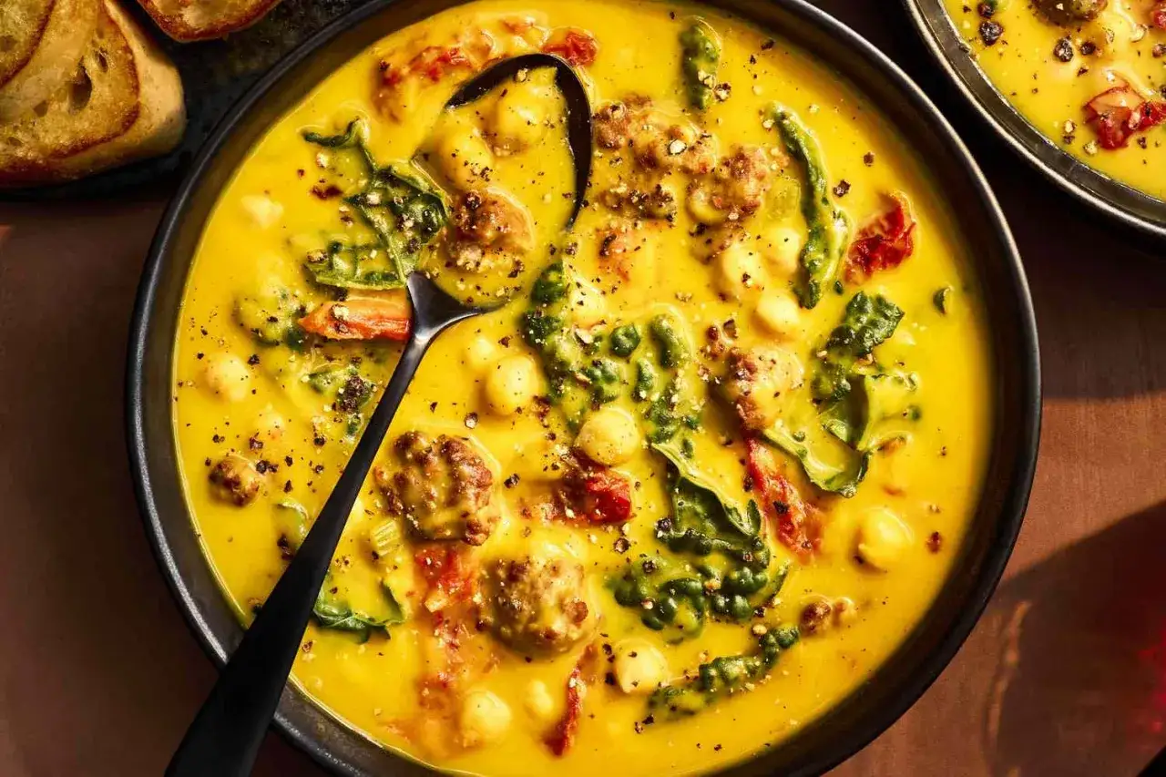 Un reconfortante plato de crema de garbanzos con trozos de salchicha, col rizada y tomates secos, servido con pan tostado.