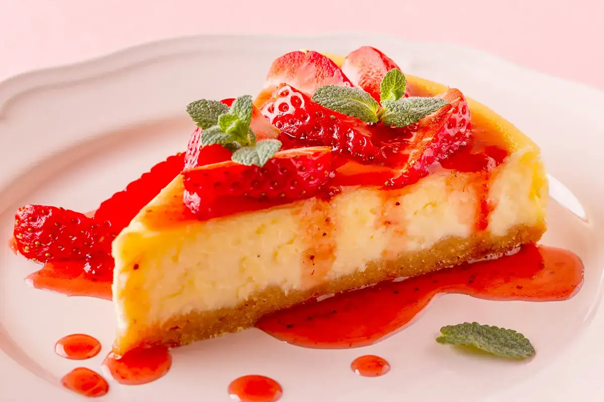 Deliciosa tarta de queso con fresas frescas y menta, ba&ntilde;ada en sirope de fresa.
