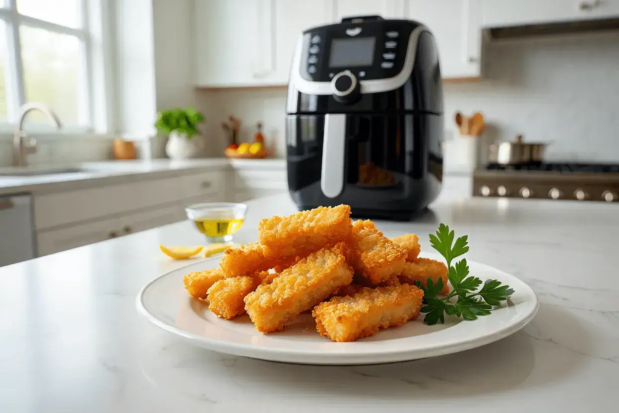 Palitos dorados de bacalao en airfryer, crujientes y listos para disfrutar.