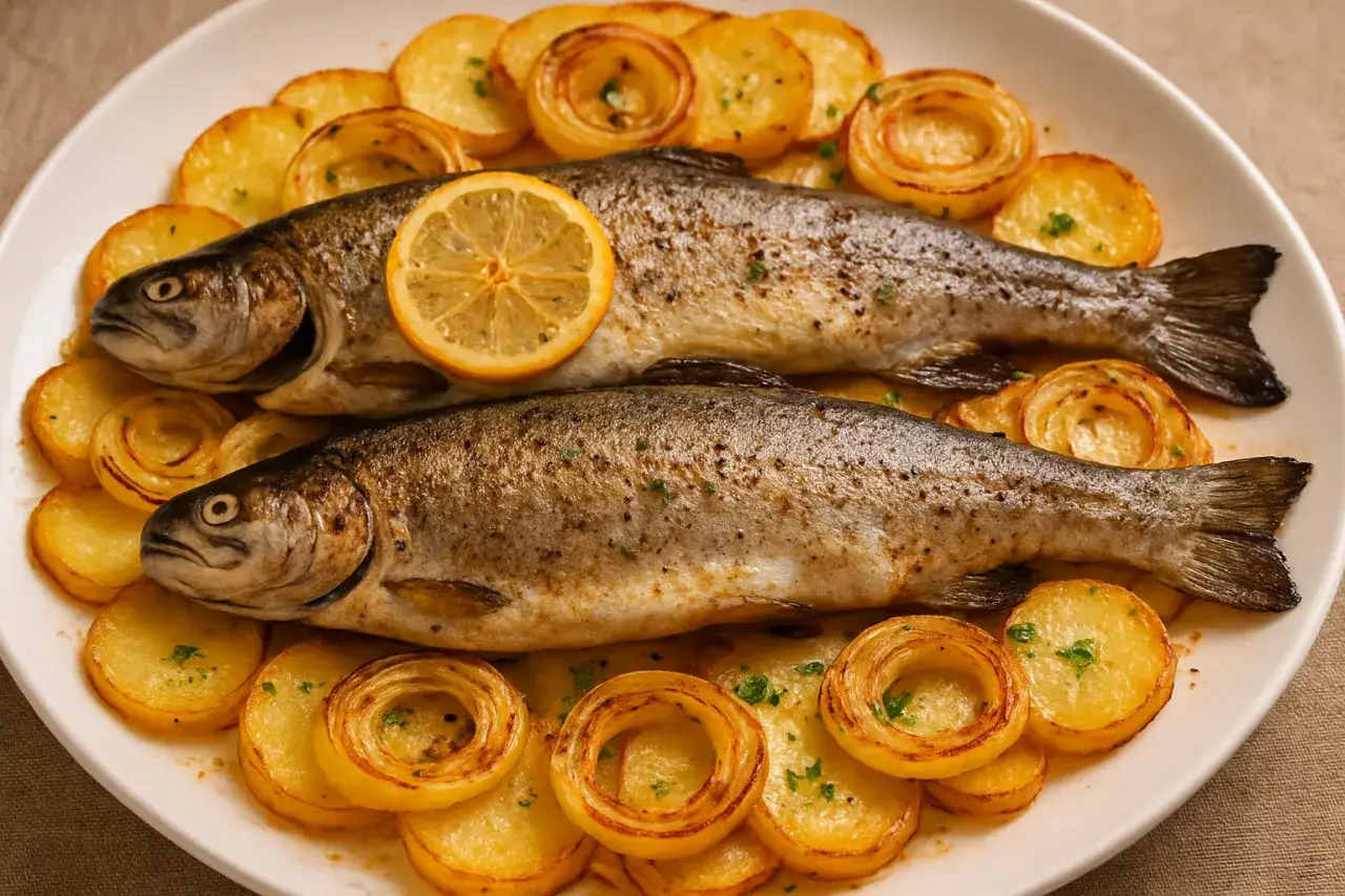 Dos truchas al horno servidas con patatas asadas y rodajas de limón. Un plato principal delicioso y saludable.