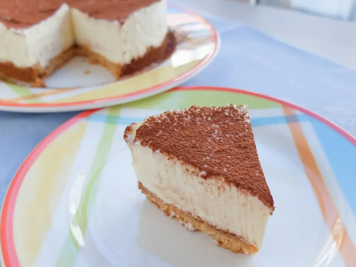 Deliciosa tarta de queso sin horno, cubierta de cacao en polvo, servida en un plato colorido.