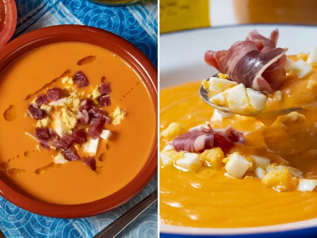 Dos cuencos de gazpacho y salmorejo, mostrando la diferencia entre ambos. El salmorejo, más espeso, se sirve con huevo duro y jamón.