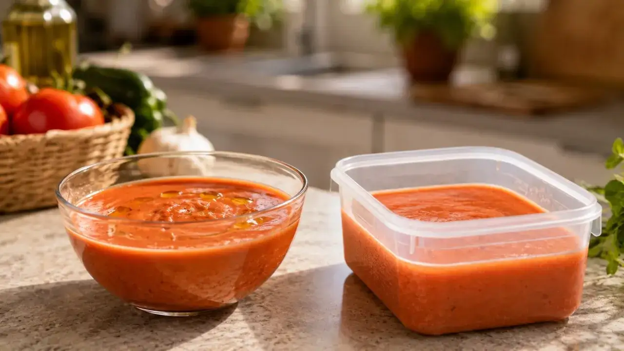 Gazpacho en un bol de cristal y recipiente para conservarlo. &iexcl;As&iacute; se puede congelar el gazpacho para disfrutarlo m&aacute;s adelante!