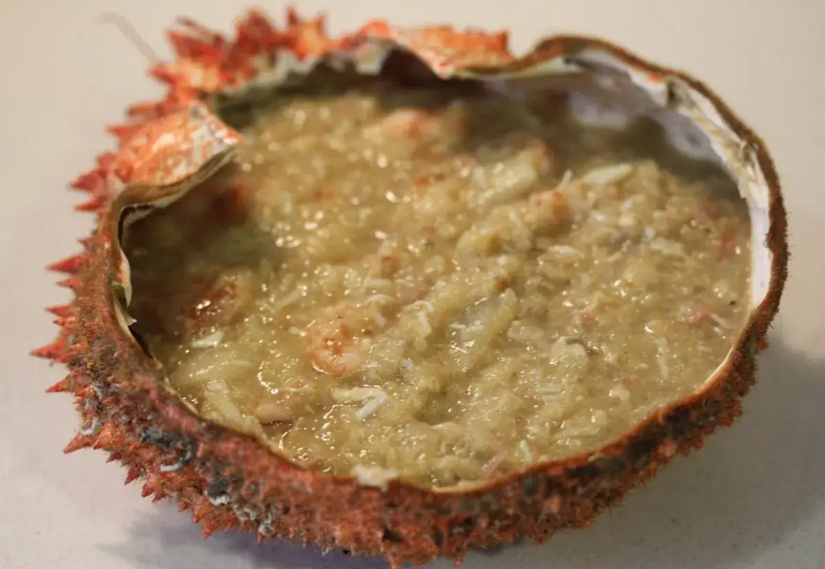 Txangurro a la donostiarra, relleno de marisco desmenuzado en su propio caparaz&oacute;n, listo para ser gratinado.