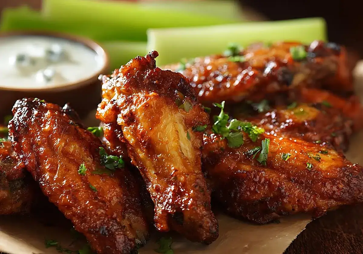 Alitas de pollo fritas, doradas y jugosas, con salsa barbacoa y perejil picado. Servidas con apio y un dip cremoso.