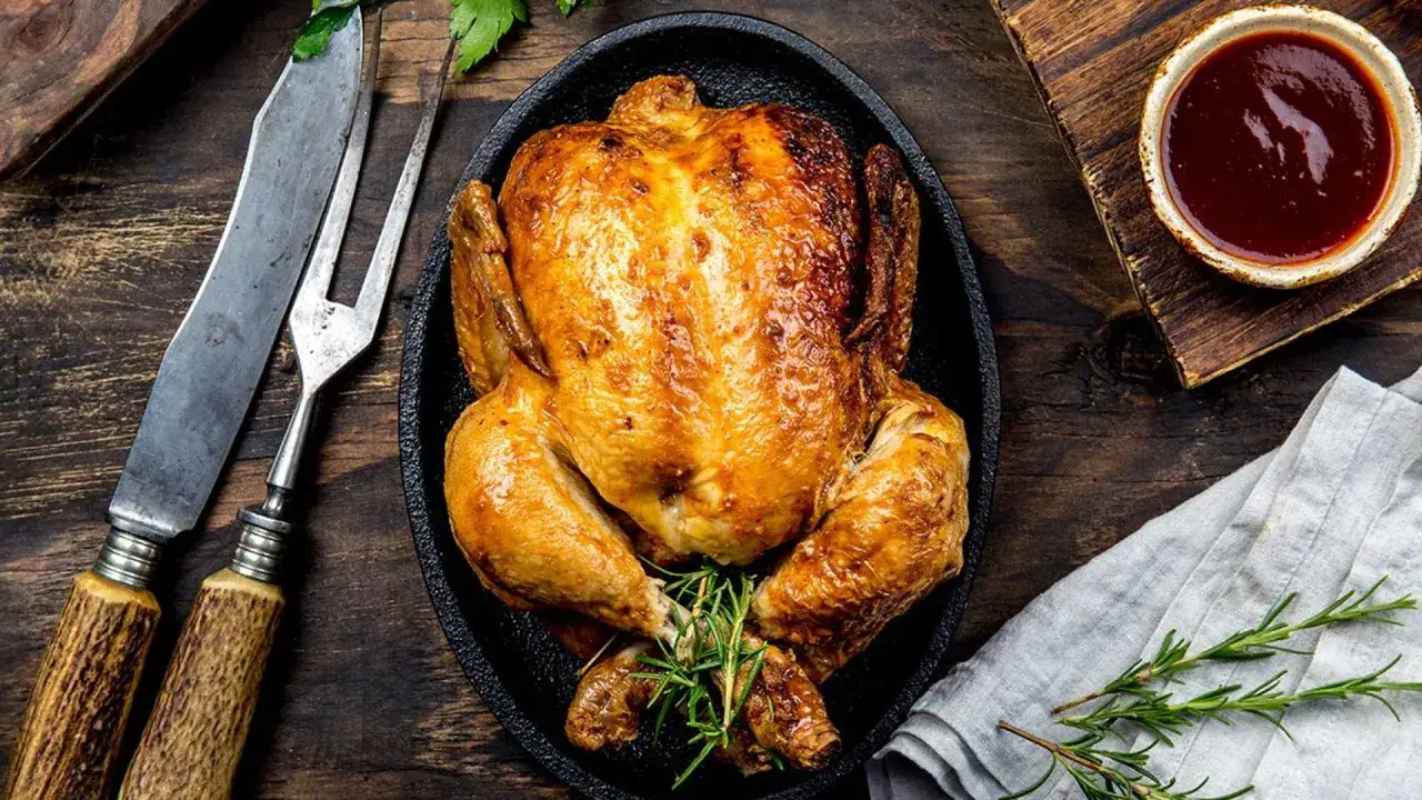 Pollo asado a baja temperatura, dorado y jugoso, servido con romero y salsa barbacoa. Un festín para los sentidos.