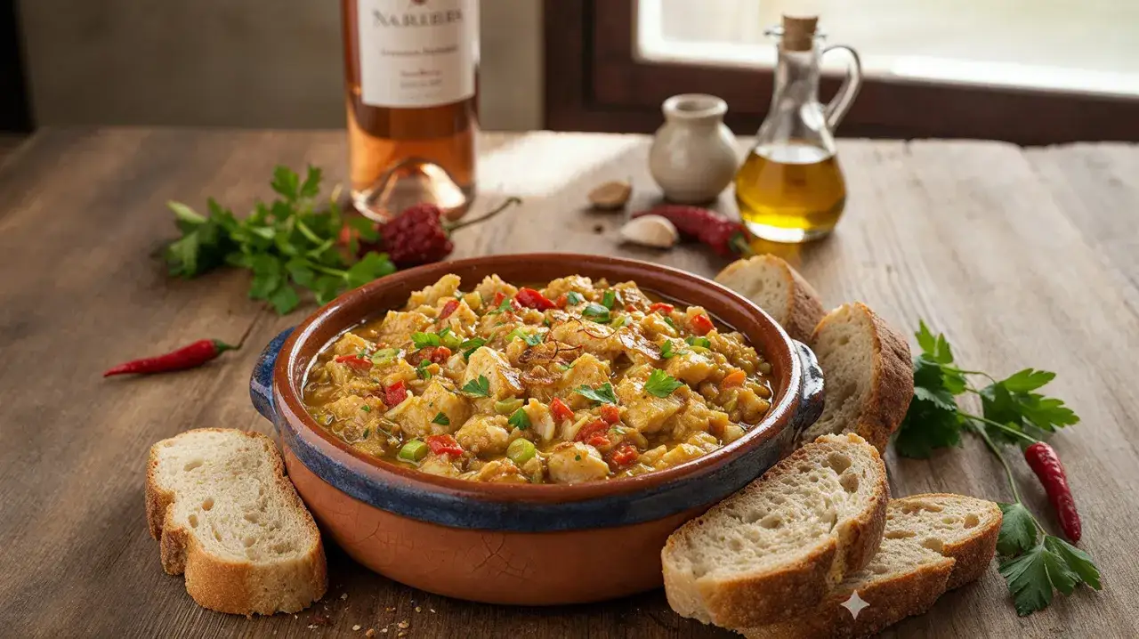 Un plato de bacalao ajoarriero humeante, adornado con perejil fresco y pimientos rojos, acompa&ntilde;ado de pan r&uacute;stico y una botella de vino.