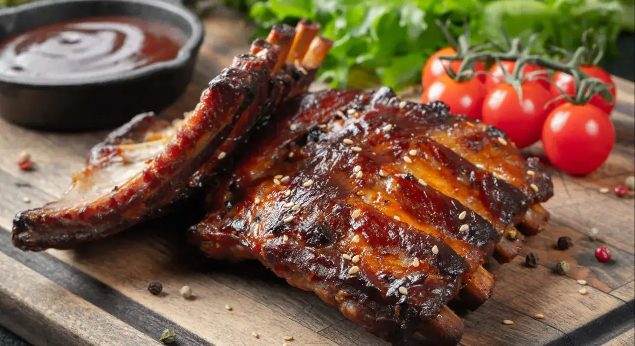 Costillas de cerdo glaseadas, con semillas de sésamo, acompañadas de tomates cherry y salsa barbacoa.