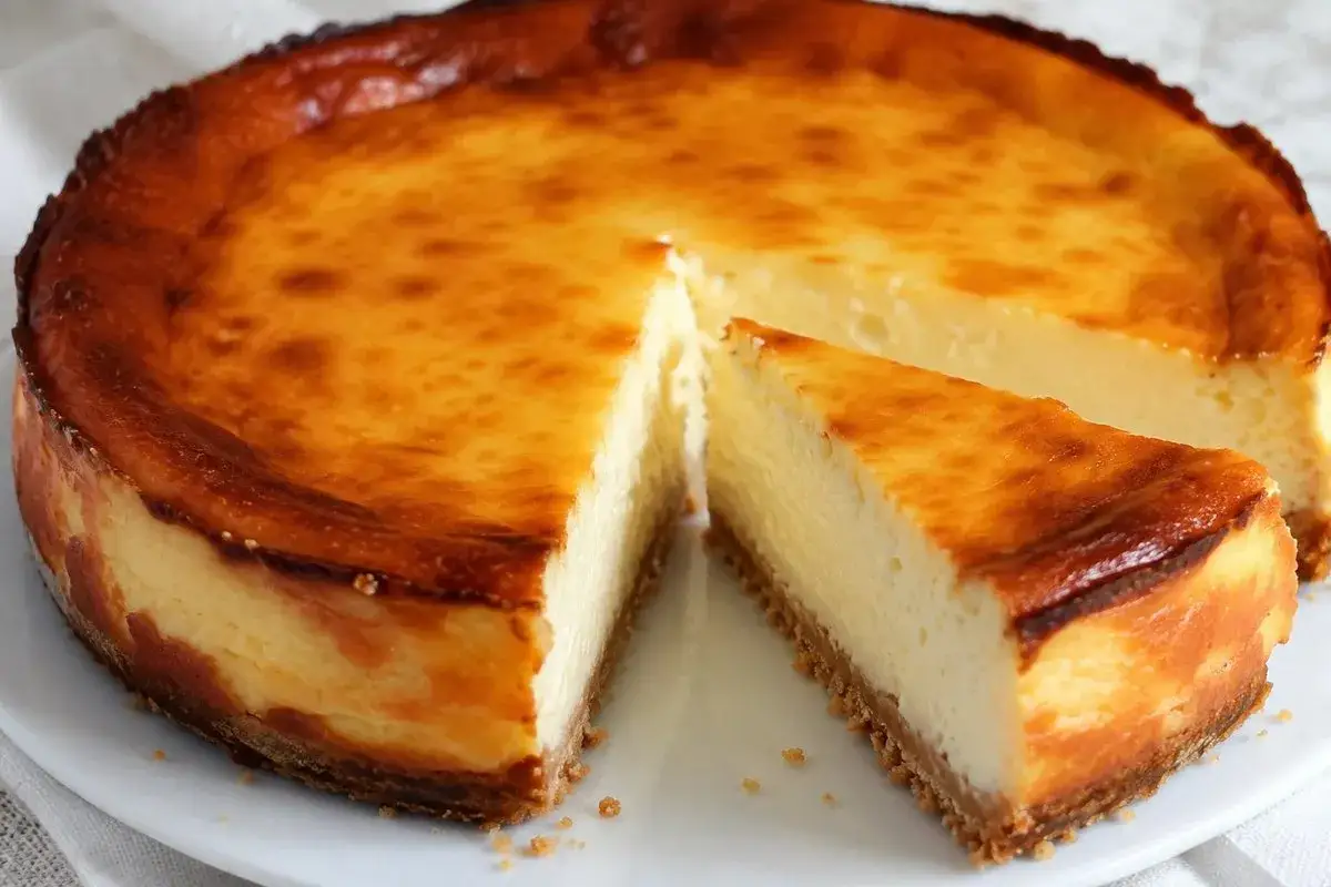 Tarta de queso al horno dorada y cremosa, con una rebanada separada lista para disfrutar.
