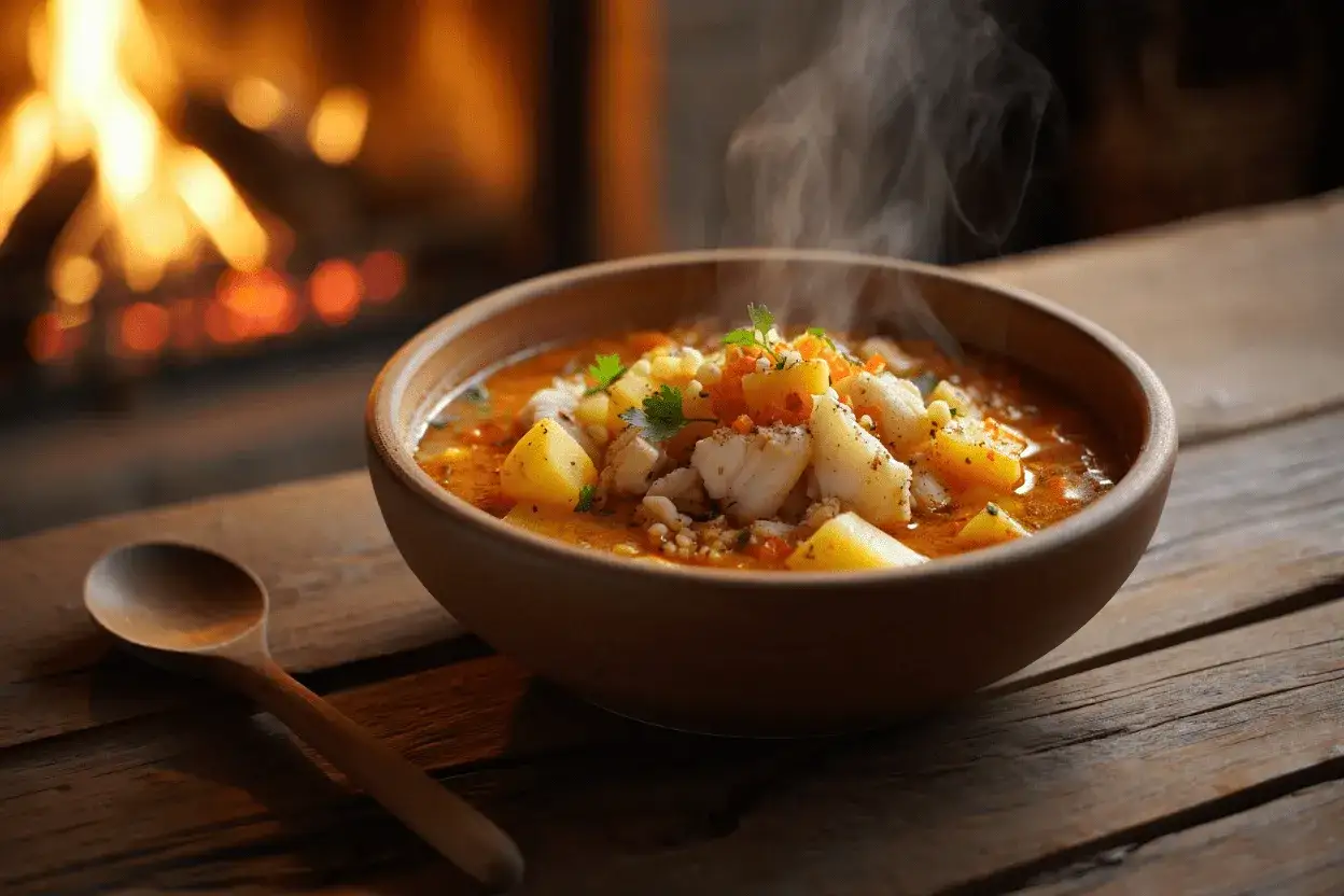 Un reconfortante plato de patatas con bacalao humea junto a una chimenea.