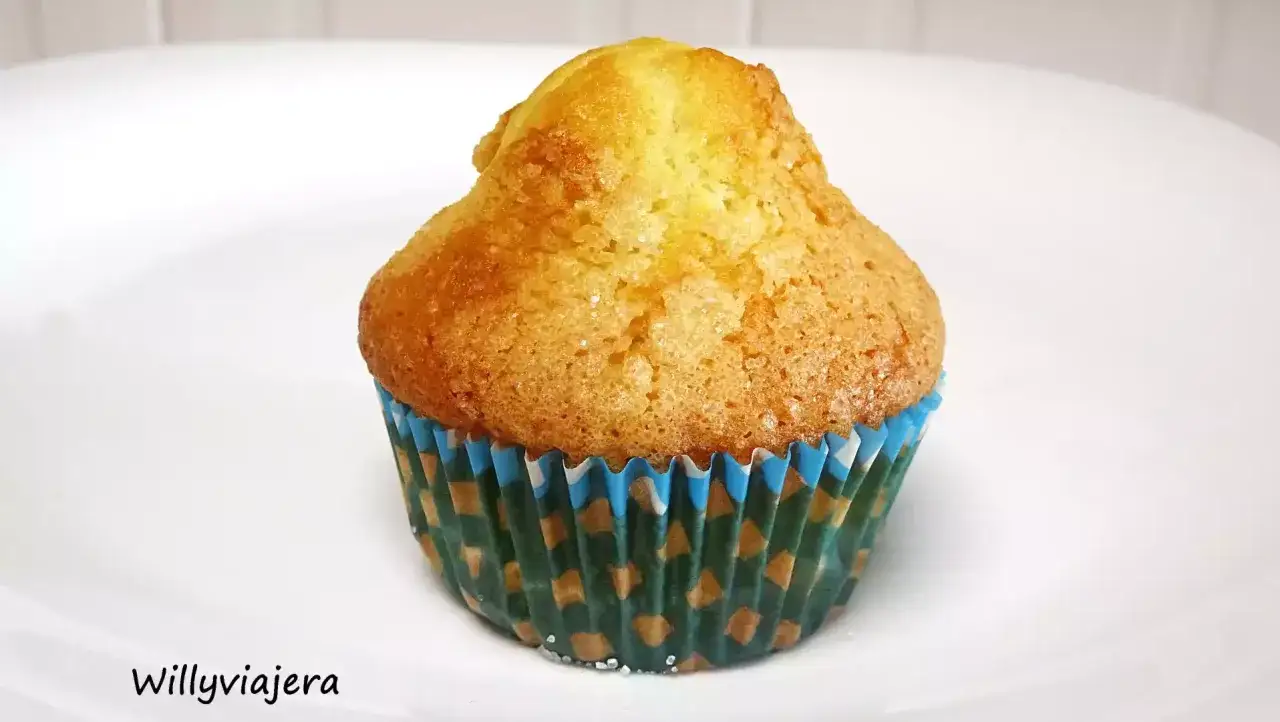 Magdalena dorada y esponjosa en su envoltorio decorado. ¡Perfecta para tu próxima receta magdalenas!